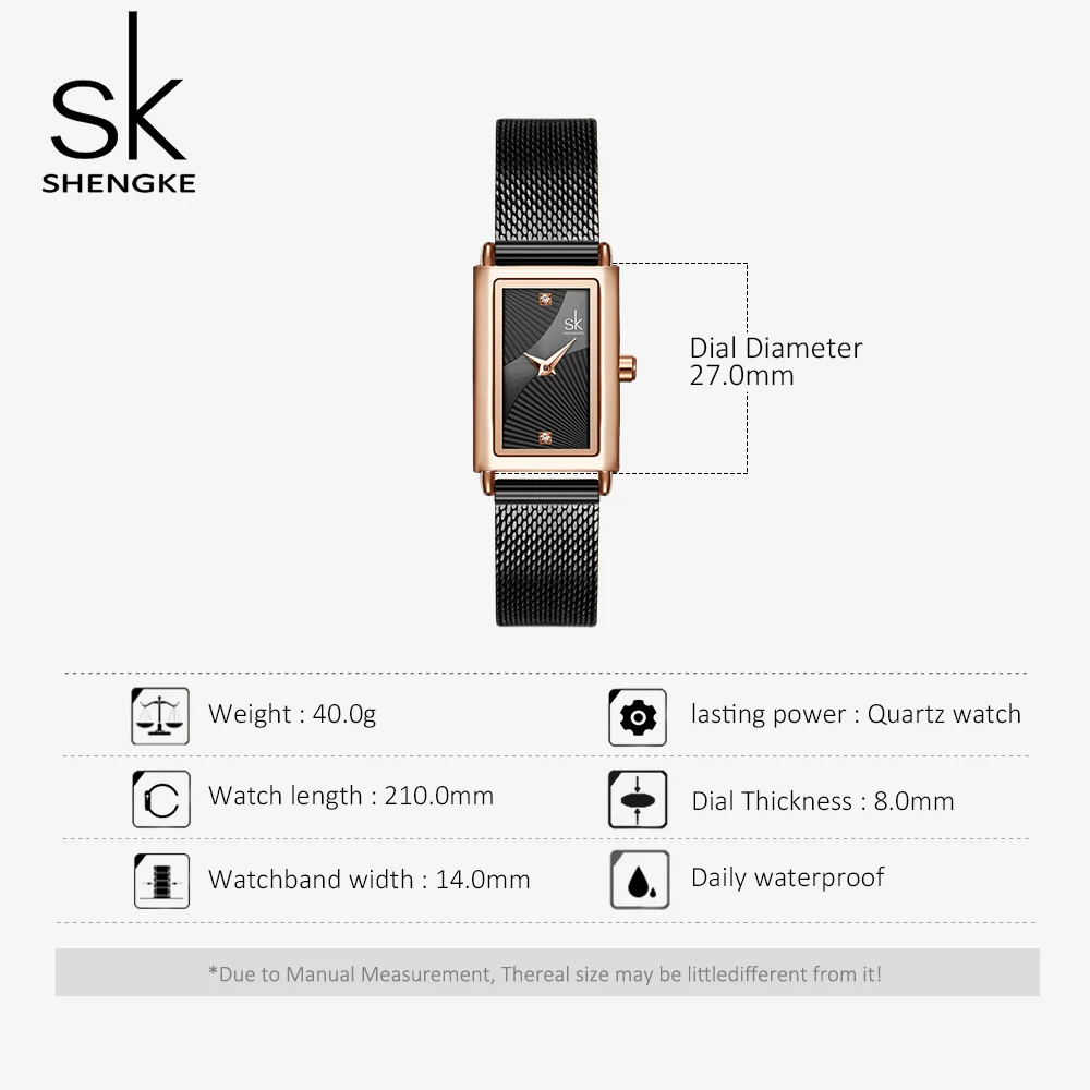 SHENGKE Модные прямоугольные кварцевые часы с циферблатом женские роскошные брендовые наручные часы женские черные браслет для часов в сетку