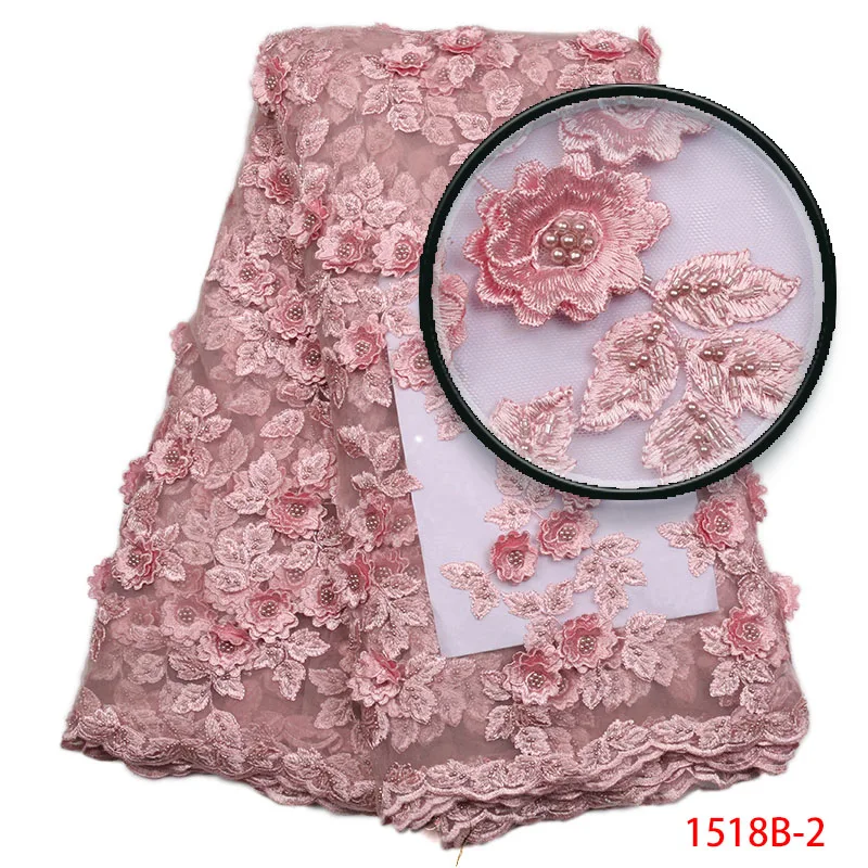 

Net Lace Fabric 2018 Beautiful Elegant French 3d Lace Fabric Nigerian Material With Beads 5yards/lot Brides Dress GD1518B-2