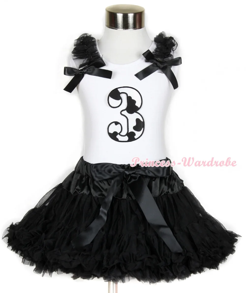 Halloween White Tank Top with 3rd Milk Cow Birthday Number Print with Black Ruffles & Black Bow & Black Pettiskirt MAMG683 reigning champ ringspun tank top white
