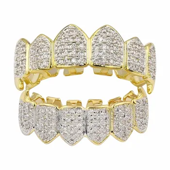 

Hip Hop Fang Top & Bottom Teeth Grillz Set Gold Silver Color Micro Pave CZ Rhinestone Bling Iced Out Rapper Jewelry