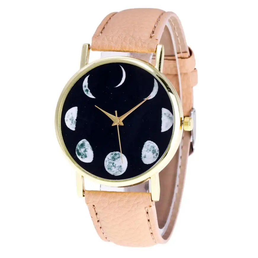 Винтаж Moon узор кварцевые часы для женщин модные кожаные спортивные женские повседневное дешевые наручные часы Relogio# YL5 - Цвет: Khaki