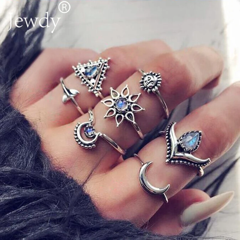 5 PCS/Set Bohemia Sun Moon Lotus Crown Rings Sets Flower Mermaid RhineStone Antique Silver Knuckle Rings for Women Jewelry