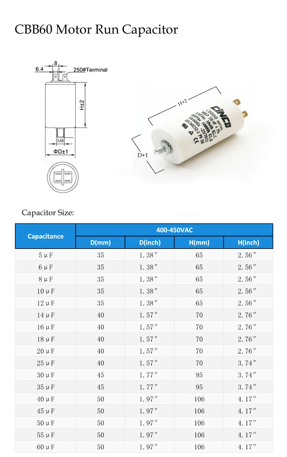 CBB60 Motor Run Capacitors 40uF 400V 450V 4pins SH DB Polypropylene Film Ac 450VAC Water Pump electrical engine 40mfd 40mf