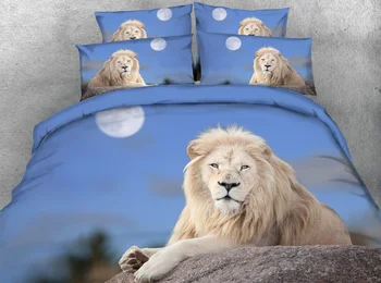 

JF-072 Blue fabric with lion under moon print 3D bedding sets California king size sheets