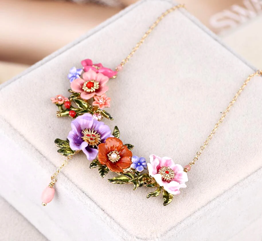 Ручной работы Эмаль Глазурь фиолетовый цветок короткие женское ожерелье ключицы цепи