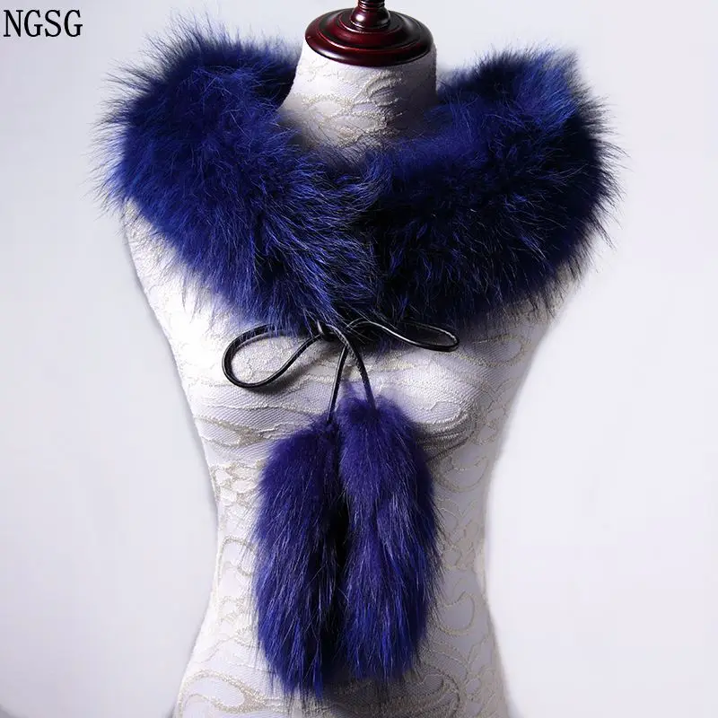 NGSG бренд натуральный мех енота шарф Для женщин зимние шеи теплый мех класса люкс, с бахромой, цвета: синий, реальной меховой воротник-шарф черный, Красный изготовленный на заказ - Цвет: Синий