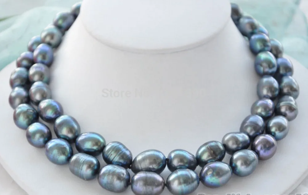 

00456 2strands Huge 16mm peacock black rice freshwater pearl necklace
