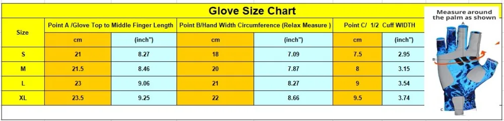 FISHING GLOVE SIZE TABLE