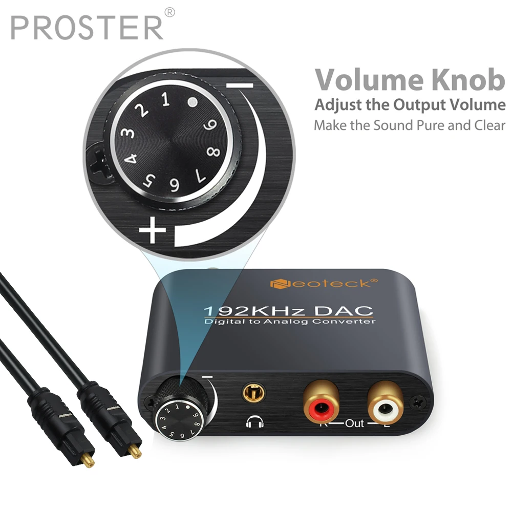 

Proster Volume Control DAC Digital to Analog Audio Converter RCA R/L 3.5mm Jack Digital Coaxial or Toslink interface to RCA