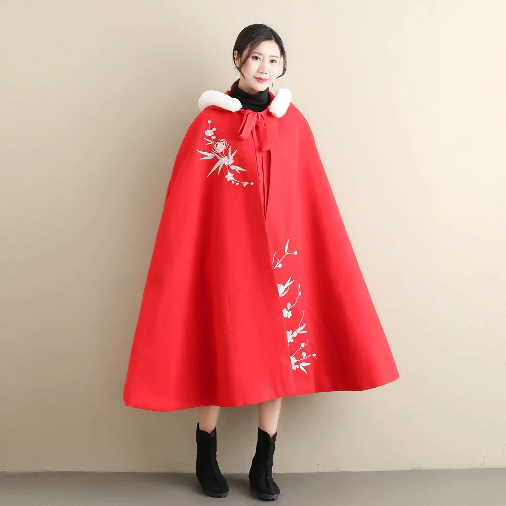 

2019 New Woollen Long Cloak Chinese Style Literature Gules Embroidery Winter capes with hoods Loose Coat Womens Woolen Coat D516