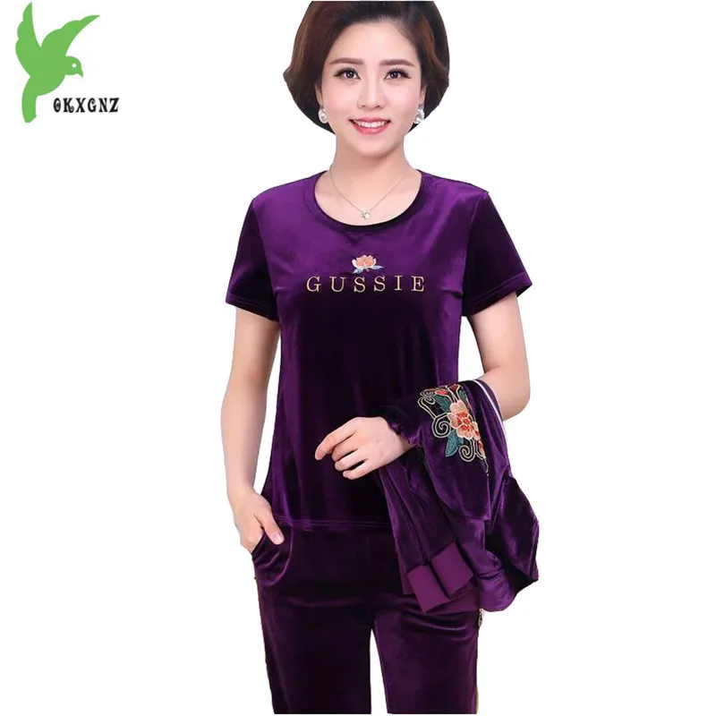 

2018 Spring Womens Gold velvet three Pieces set Plus size 5XL embroidery Short sleeve tees+short jacket+ trousers set OKXGN H244