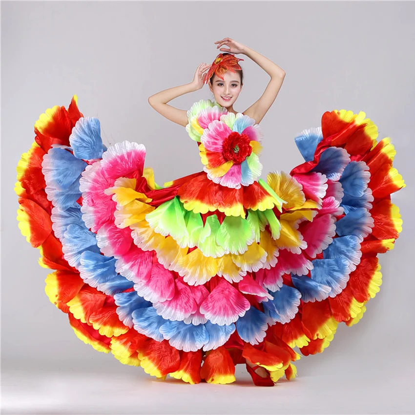 

360 Degrees/yards Plus Size Women Spanish Flamenco Dress Floral Petal Maxi Gypsy Girls Stage Performance Belly Dance Costumes