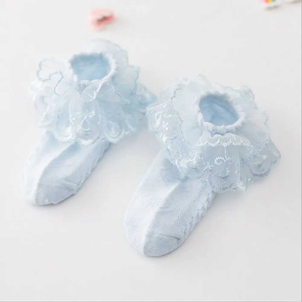 Детские летние аксессуары, кружевные короткие носки в стиле ретро с рюшами и оборками для маленьких девочек, Повседневные детские носки принцессы ярких цветов - Цвет: Синий