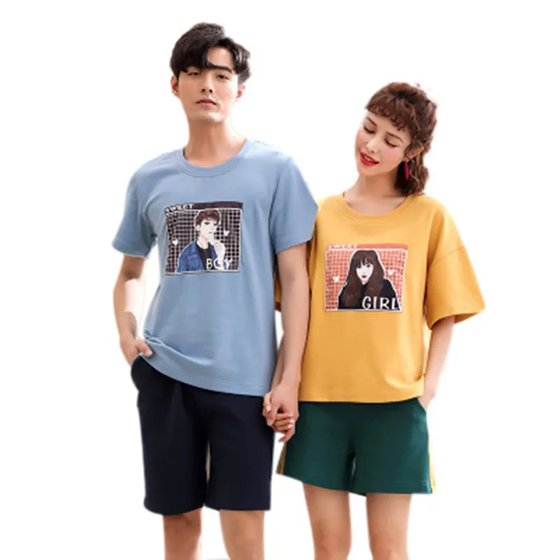 

Matching Couples Pajamas Women Soft Cotton Summer Female Pyjamas Fashion Print Shorts T-Shirt 2 Piece/Set 2019 Home Sleepwear