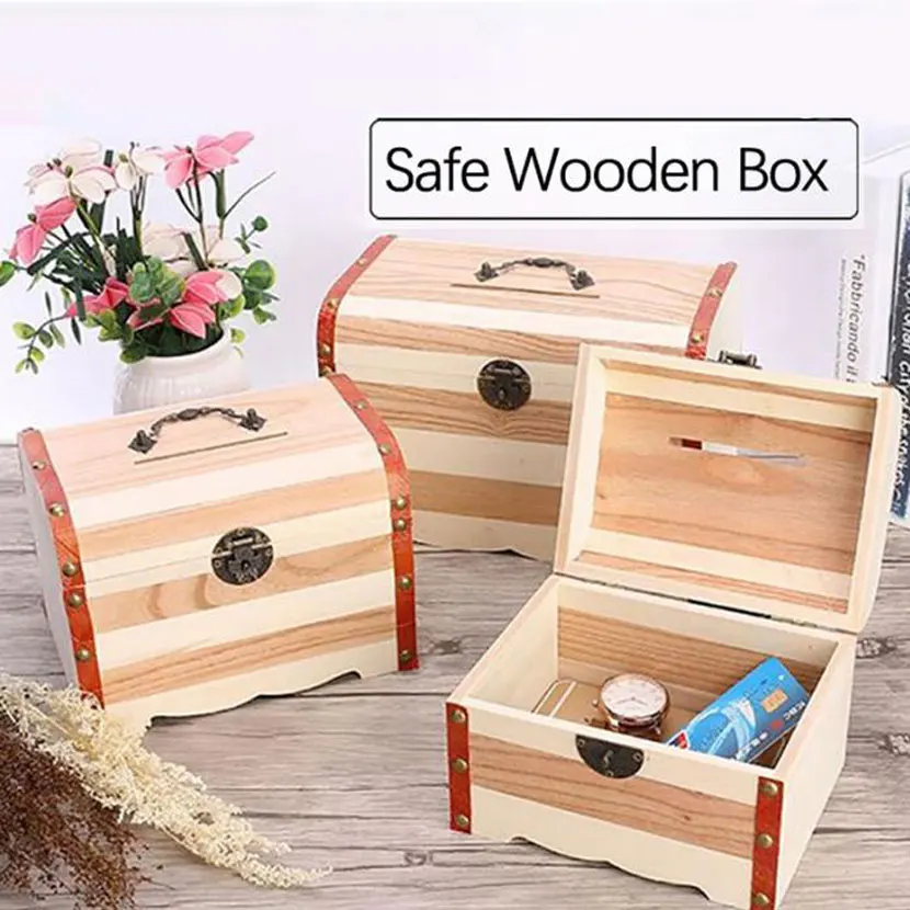 New 1PC Retro Wooden Piggy Bank Safe Metal Lock Money Saving Case Natural Wood Line Handmade Money Storage key Box Drop Shipping