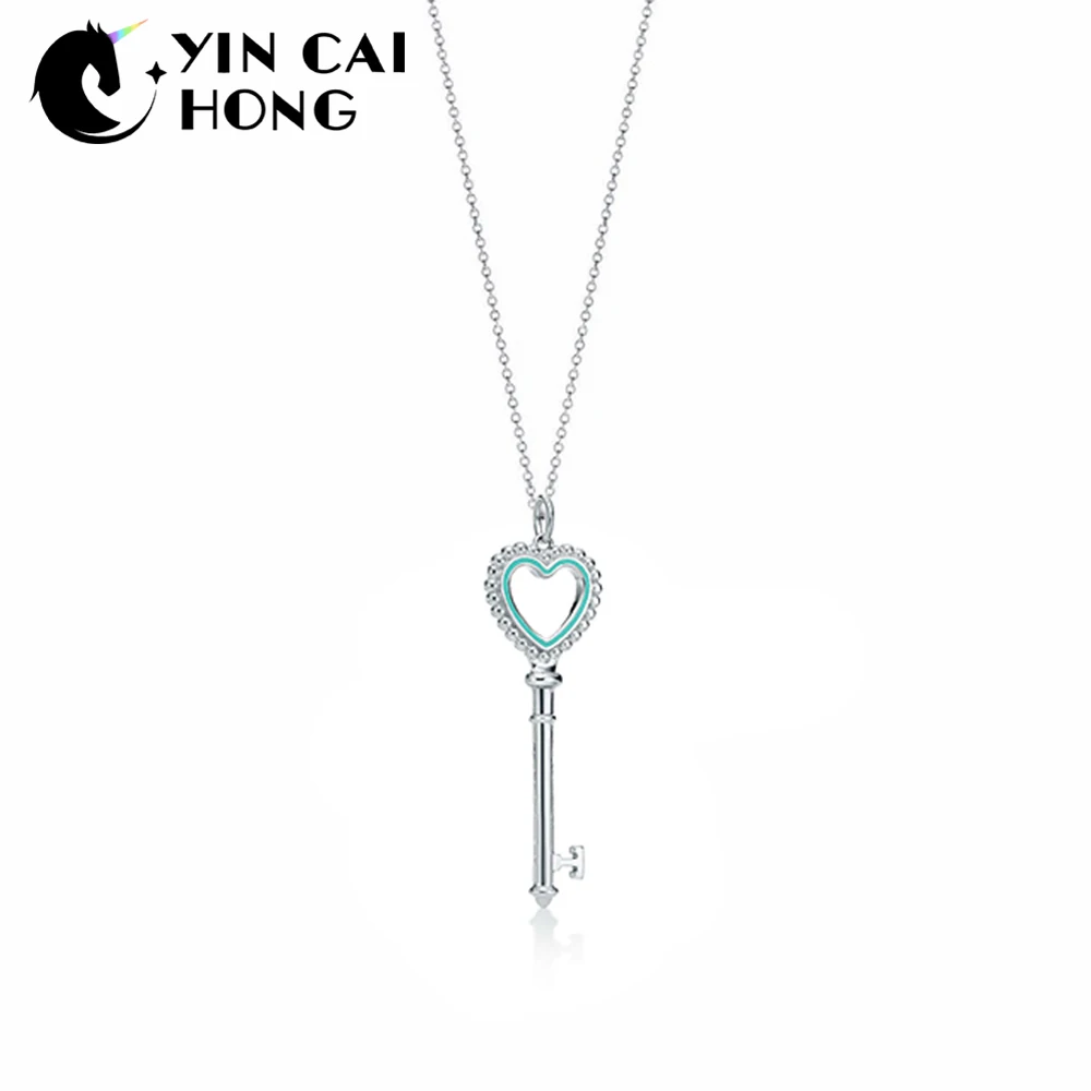 

NEW 925 Sterling Silver Charm Fresh Green Love Necklace Key Pendant Women Clavicle Chain Eternal Charming Pleasing Jewels TIFF