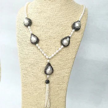 

5 Strands natural pearl beads necklace,handmade pave Crystal Rhinestone pearl tassel charm pendant necklaces for women NK211