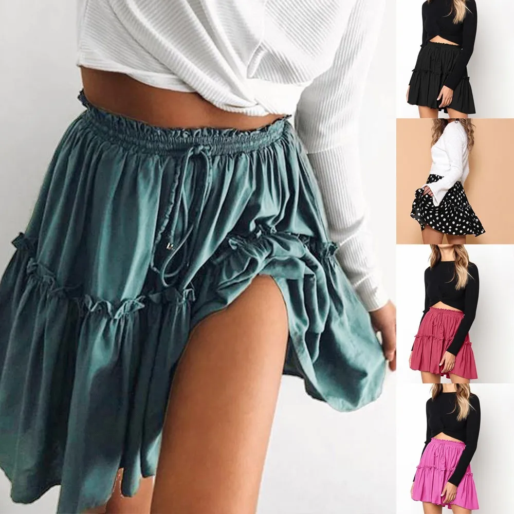 

Women Summer Fashion Skirts Casual Beach Floral Print Elastic Waist File Ruffle Short Skirt 2019