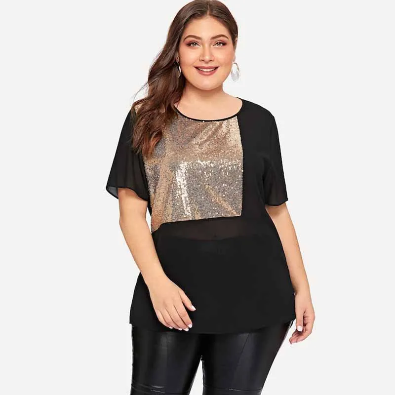 

2019 Summer Women Sequin Sheer Blouse Shirt Sequined Short Sleeve Plus Size Blouses Casual Office Ladies Blouses And Tops