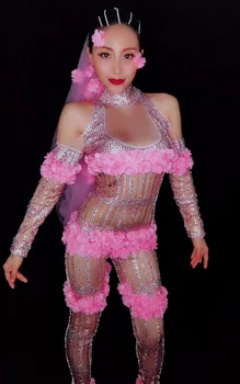 

Women Pink Sparkly Crystals Nude Jumpsuit Female Singer Dancer Costume One-piece Bodysuit Nightclub Oufit Party Sexy Leggings