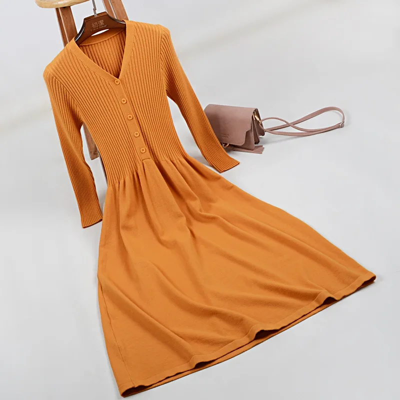 Осеннее и зимнее платье, вязаный свитер на пуговицах с v-образным вырезом, большое Свободное длинное платье, трикотажное приталенное платье