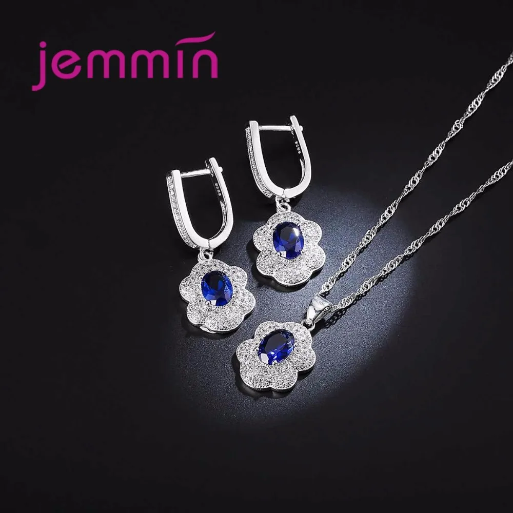 Jemmin 925 Sterling Silver Jewelry Blue Oval Sapphire White CZ Jewelry Sets For Women Wedding Earrings/Pendant/Necklace Set - Image 3