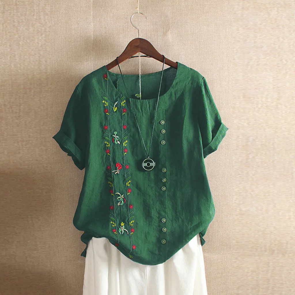 MISSOMO 5XL, женские топы, богемная летняя футболка, женская рубашка с цветочной вышивкой, короткий рукав, camiseta mujer, футболка, femme 618 - Цвет: GN