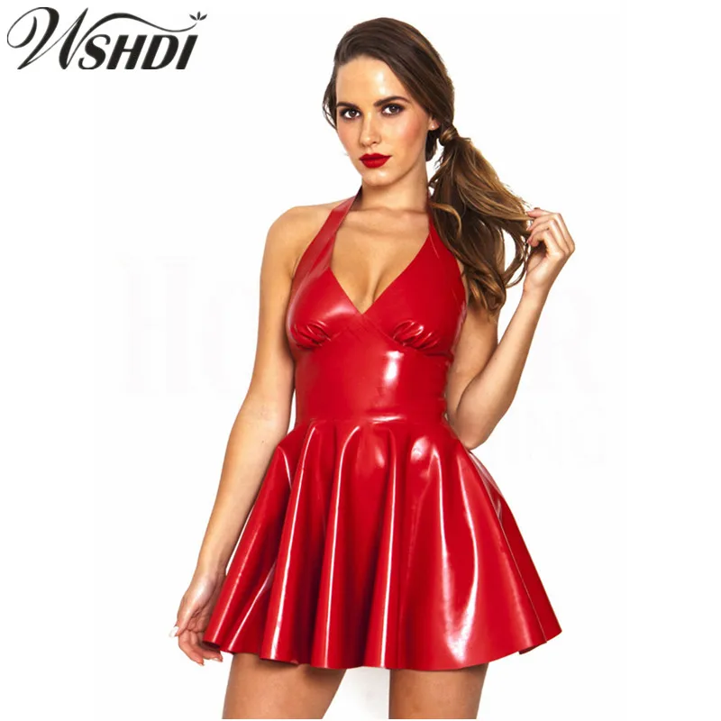

Plus Size Sexy Club Faux Leather Dress Red Black Shiny PVC Latex Pleated Dress Zipper Bodycon Mini Fashion Dress S-XXXL