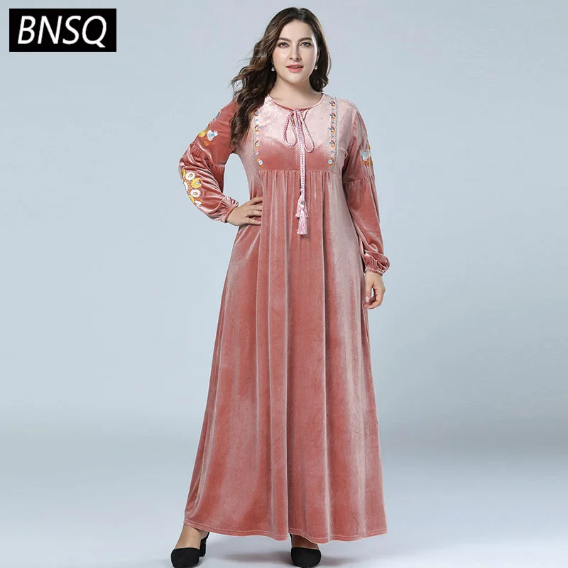 

BNSQ Autumn Fall 2019 Vintage Velvet Embroidery Maxi Dresses Lantern Sleeve High Waist Large Size Long Dress Pink Elegent Women