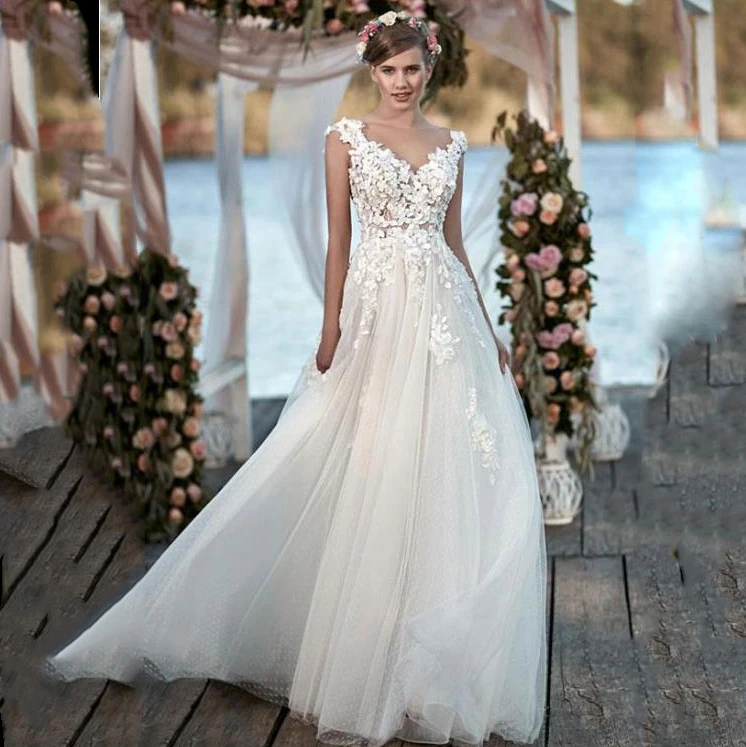 

2019 Princess 3D Floral Appliques A-Line Boho Wedding Dress Sleeveless Appliques Backless Bride Dress wedding gowns