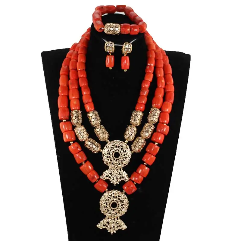 

Fabulous Chunky Bib Coral Beads Bold Gold Pendant Jewelry Set African Wedding Coral Beads Indian Bridal Jewelry Set Women CG032