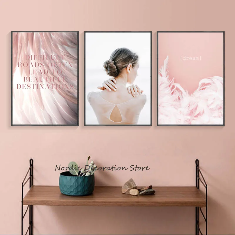 

Pink Letter Feather Canvas Prints Nordic Decoration Home Posters And Prints Girl Back Wall Pictures Abstract Painting Unframed