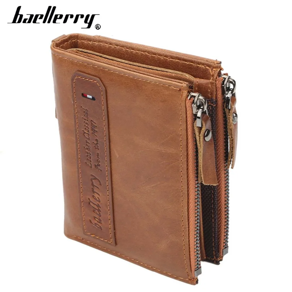Baellerry Men Wallets Genuine Cow Leather Double Zipper Card Holder
