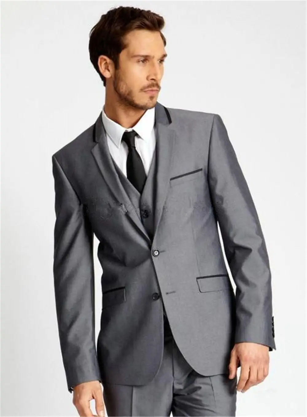 

Dark Grey Slim Fit Side Slit Groom Tuxedos Two Buttons Notch Lapel Men Suits Man Business Suit (Jacket+Pants+Vest) Formal Dinner