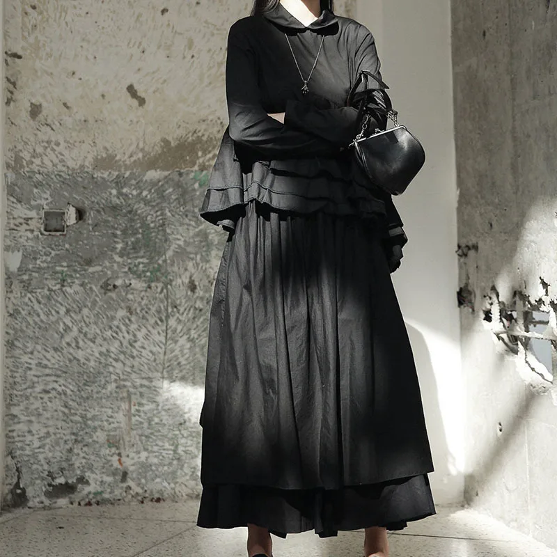 [DEAT] High Quality Spring Black Personality Multi-layered Split Asymmetrical Long Skirt Fashion New Women's LA91