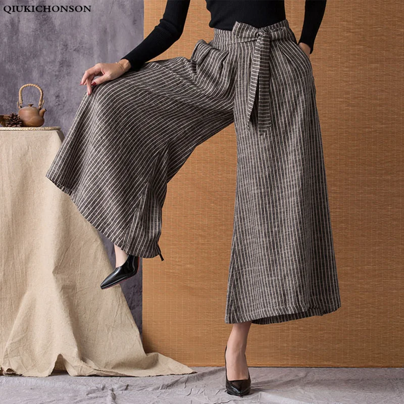 

Qiukichonson Ramie Women Stripe Wide Leg Pants 2019 New Fashion Lace Up Vintage High Waist Capri Pants Casual Plus Size Pants