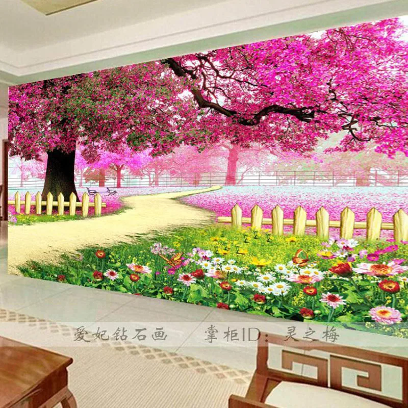 

Customized Large Diamond Cross Stitch Full Square Diamond Painting Embroidery Romantic Cherry Tree Landscape Living Room Decor