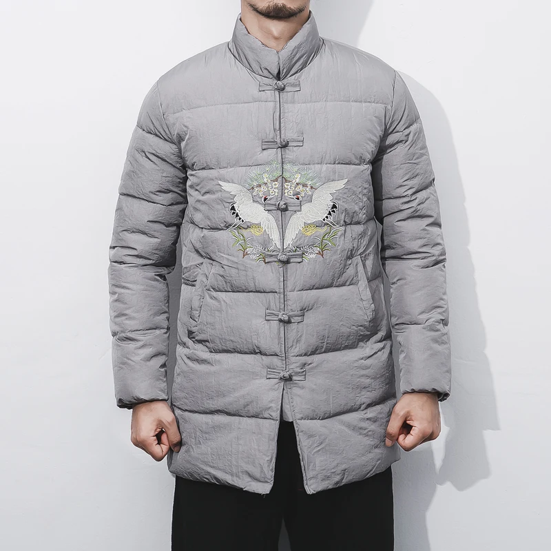 Men Winter Fashion Casual font b Parkas b font Jacket Chinese Style Stand Collar Embroidery Padded