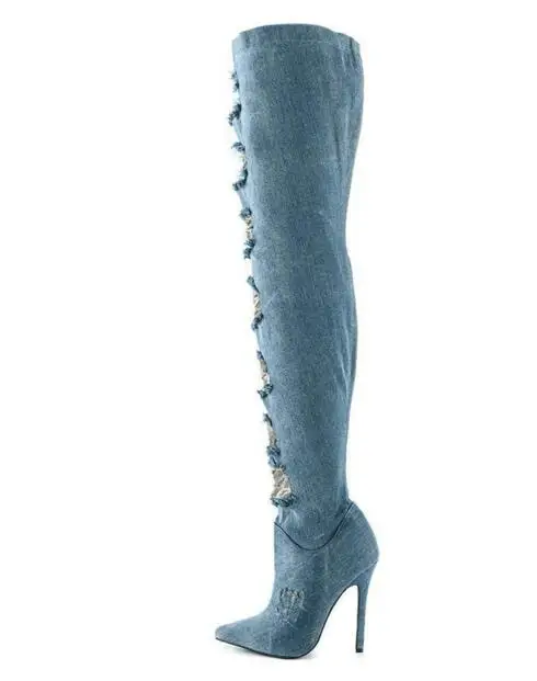 denim thigh high boots size 12