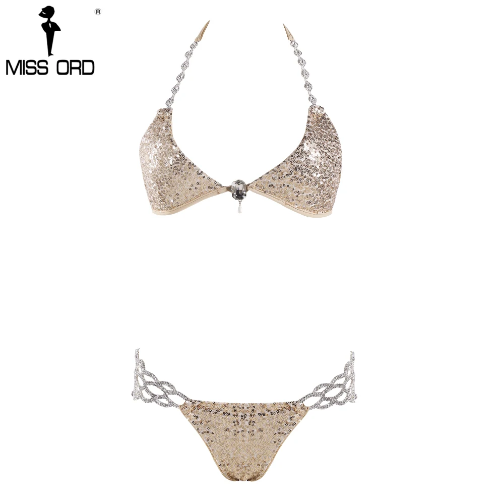 

Missord 2019 Sexy V-neck diamond halter Metal chain sequin bikini FT6700