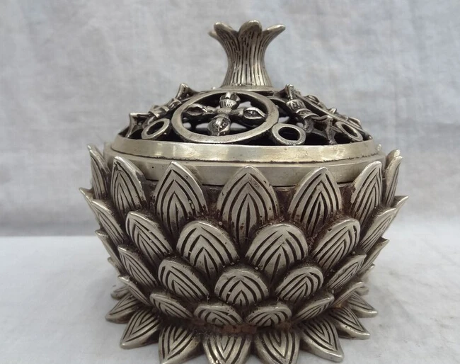 

JP S62 Buddhism Tibet Silver Vajra Talismans Statue Bronze Lotus Incense Burner Censer