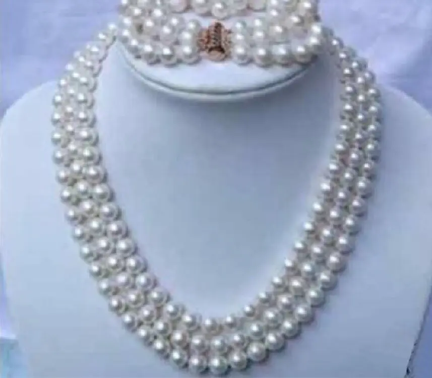 

shipping3 row natural Akoya white Pearl Necklace 17-19 inch bracelet yellow clasp (A0423) -Top quality free shipping