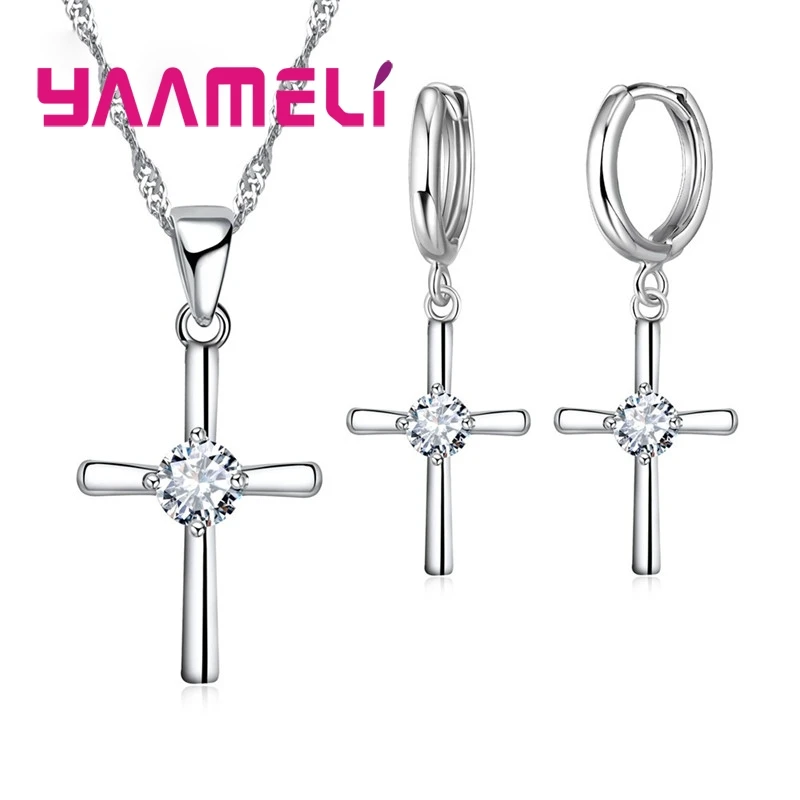 

Simple Fine 925 Sterling Silver Jewelry Sets Cross with Clear Cubic Zircon Paved Charms Necklace Hoop Earrings for Women Girls