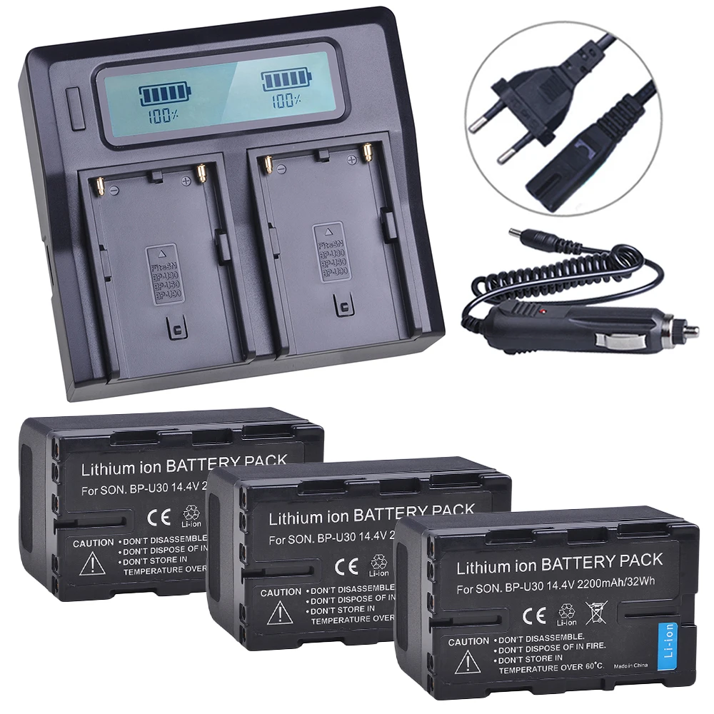 

3Pcs 2200mAh BP-U30 BPU30 BP U30 Rechargeable Battery + LCD Dual Rapid Charger for Sony XDCAM EX PMW100 PMW150 PMW160 PMW200