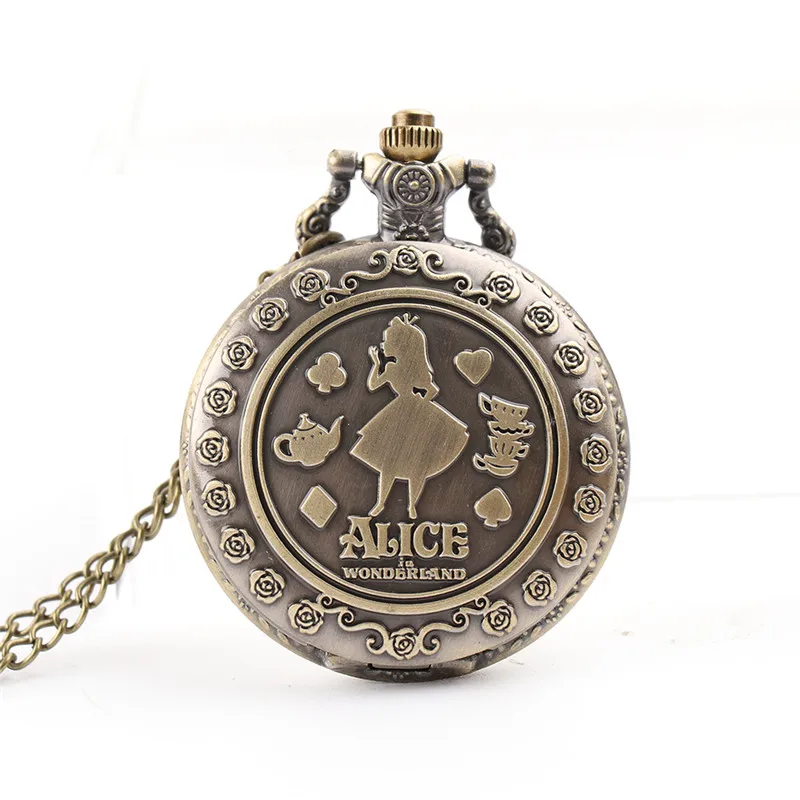 Alice in Wonderland Theme Bronze Quartz Pocket Watches Vintage Fob Watches Time in The Pocket for 5