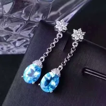 Натуральный голубой топаз Камень Серьги Серебро 925 природный камень серьги Женская мода прекрасно падение серьги для партии