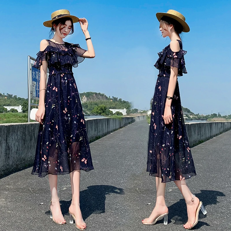 

Women Bohemian Style Sundress Chic Floral Print Chiffon Black Dress Summer Fashion Mid-Calf Beach Dresses Feminino Vestidos