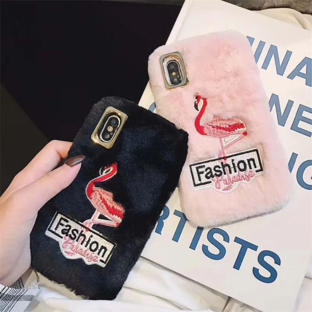 

Case for iPhone X S R M 8 7 Plus 6 6S 6 Plus Cute Embroidery Flamingo Love Fluffy Rabbit Fur Soft Silicon Phone Back Cover Coque