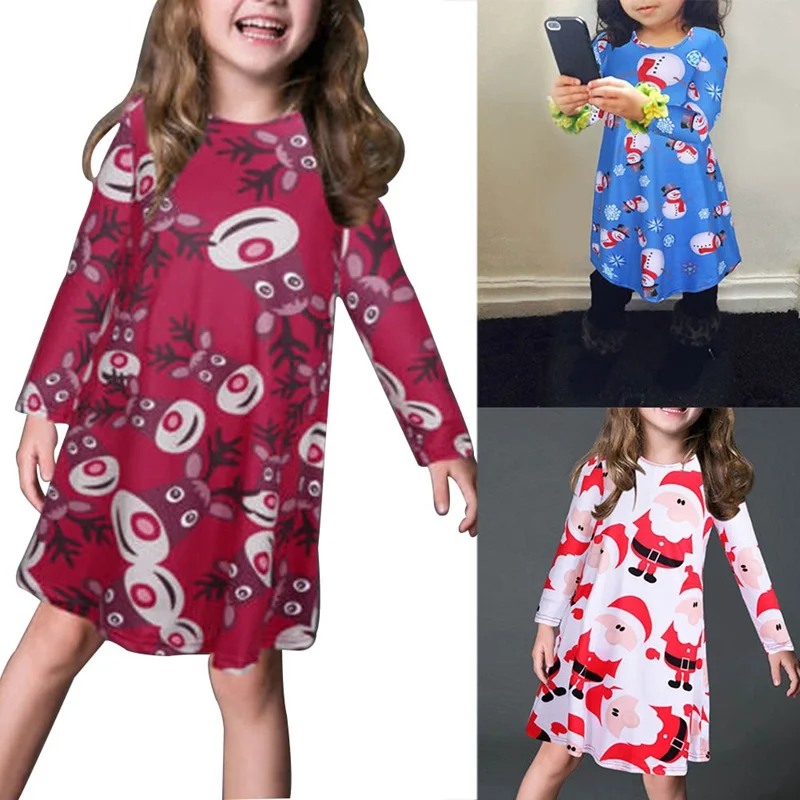 Christmas Gift New Year Baby Girls Santa Claus Dress Snow Man Printed Long Sleeve Dress Baby Christmas Clothes For Party