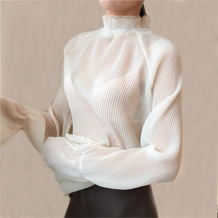 

New Fashion Turtleneck Blouse Women Spring Autumn Solid Casual Flare Sleeve Shirts Elegant Bottoming Shirt OL Blusas Tops AB729